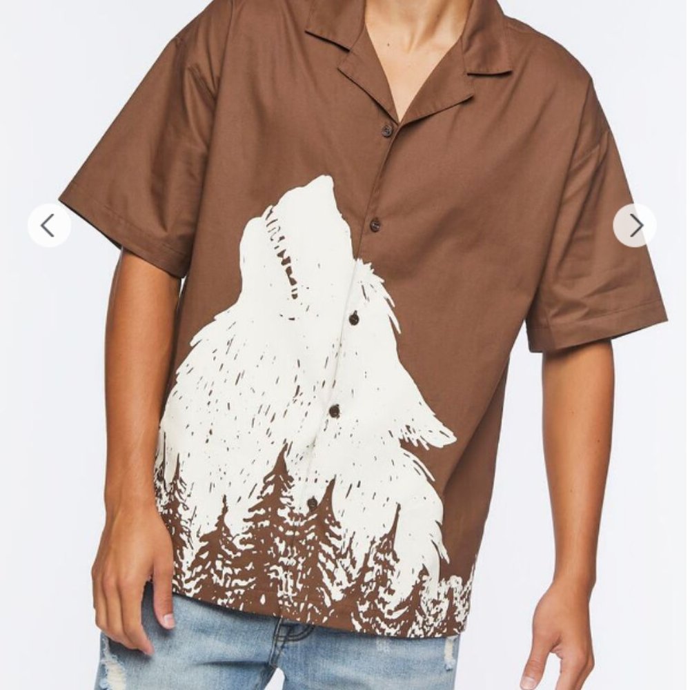 Twill Wolf Graphic Button-Front Shirt